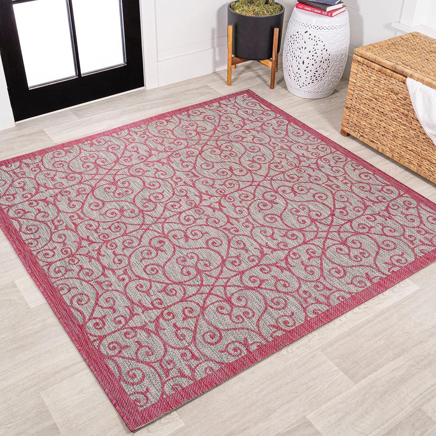Vintage Filigree Indoor Outdoor Square Area Rug 5X5 Light Gray