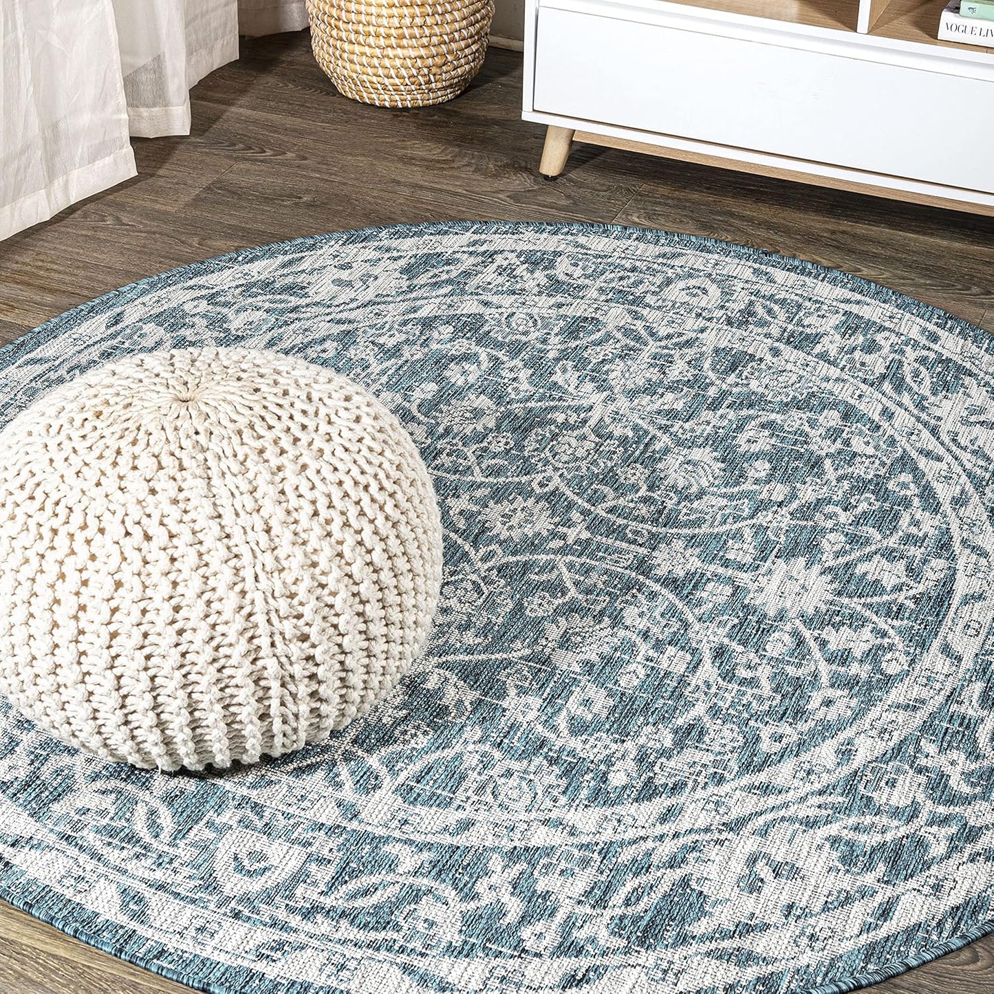 Vine & Border Indoor Outdoor Round Area Rug 5 Ft Teal/Gray