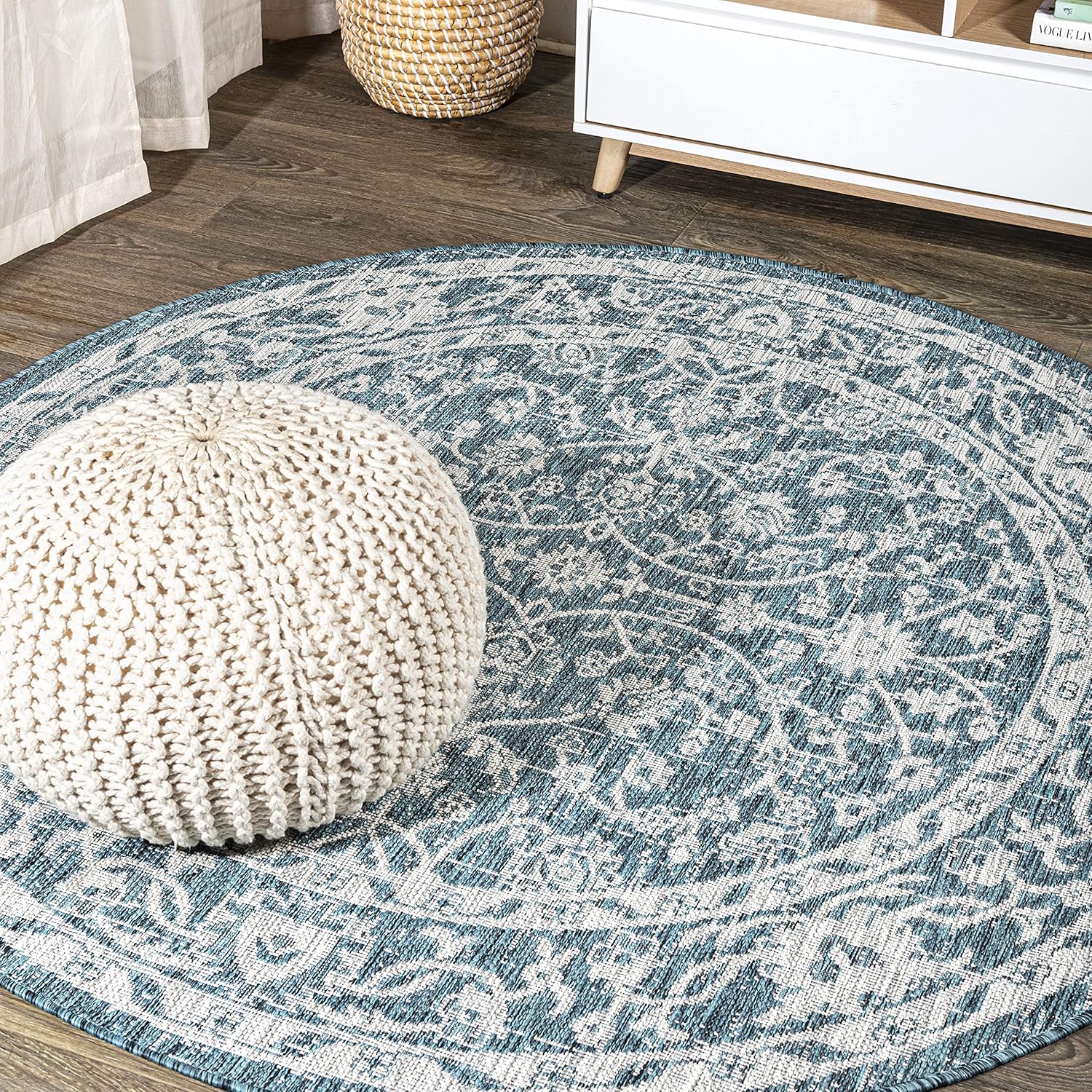 Vine & Border Indoor Outdoor Round Area Rug 5 Ft Teal/Gray