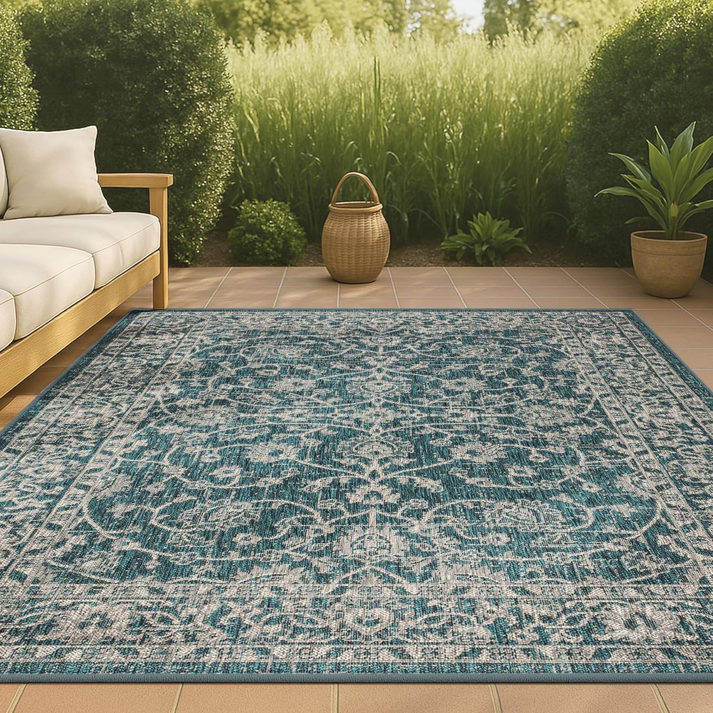 Vine and Border Indoor Outdoor Area Rug 4X6 for High Traffic
