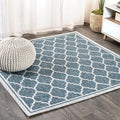 Moroccan Trellis Indoor Outdoor Square Rug 5X5 - Durable Teal/Gray
