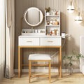 Makeup Vanity Desk with Round Mirror and Lights - Compact Storage