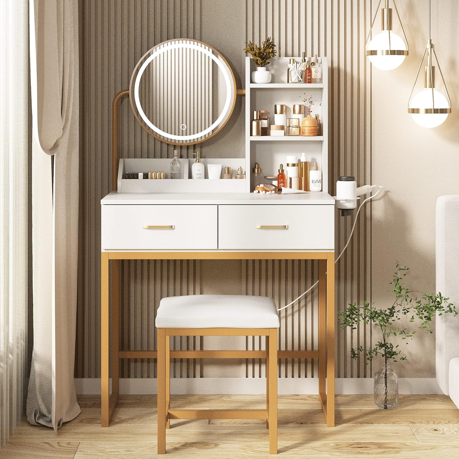 Makeup Vanity Desk with Round Mirror and Lights for Bedroom