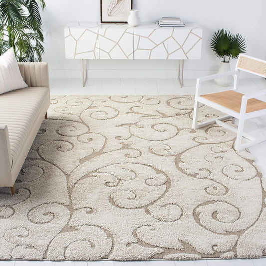 Florida Shag Area Rug 11x15 - Cream & Beige Scroll Design