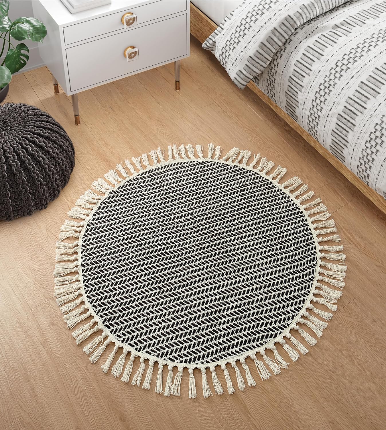 Lahome Boho Black and White Round Rug for Kitchen and Bath