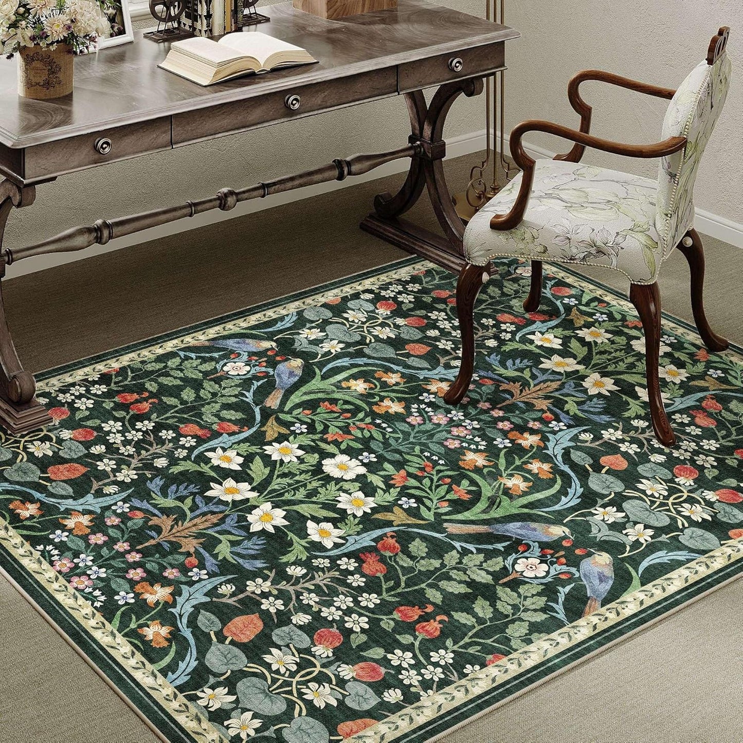 4x6 Washable Dark Green Floral Area Rug for Living Room Use