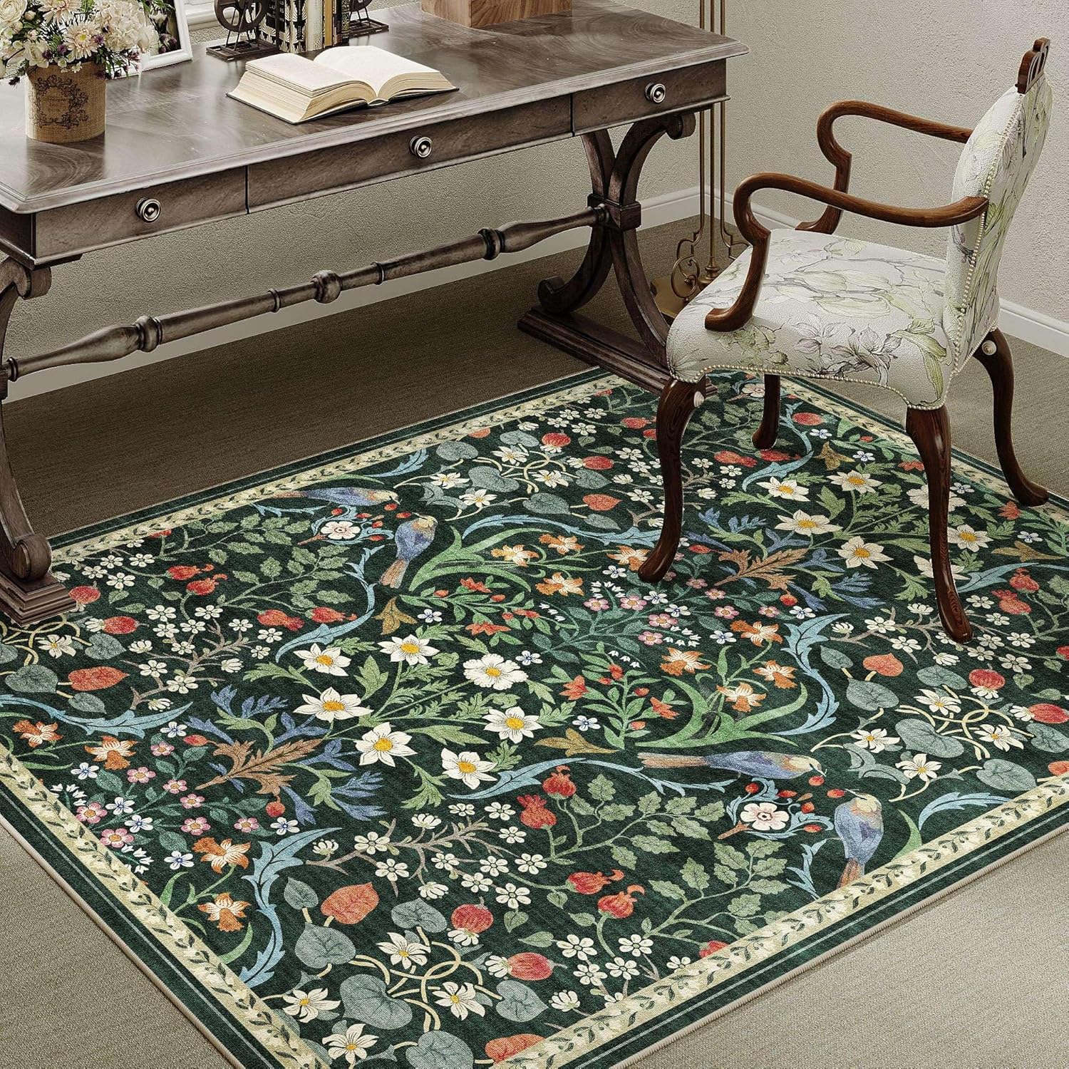4x6 Washable Dark Green Floral Area Rug for Living Room Use