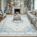 Blue Area Rug 8x10 Washable Vintage Carpet - Soft Low Pile Retro