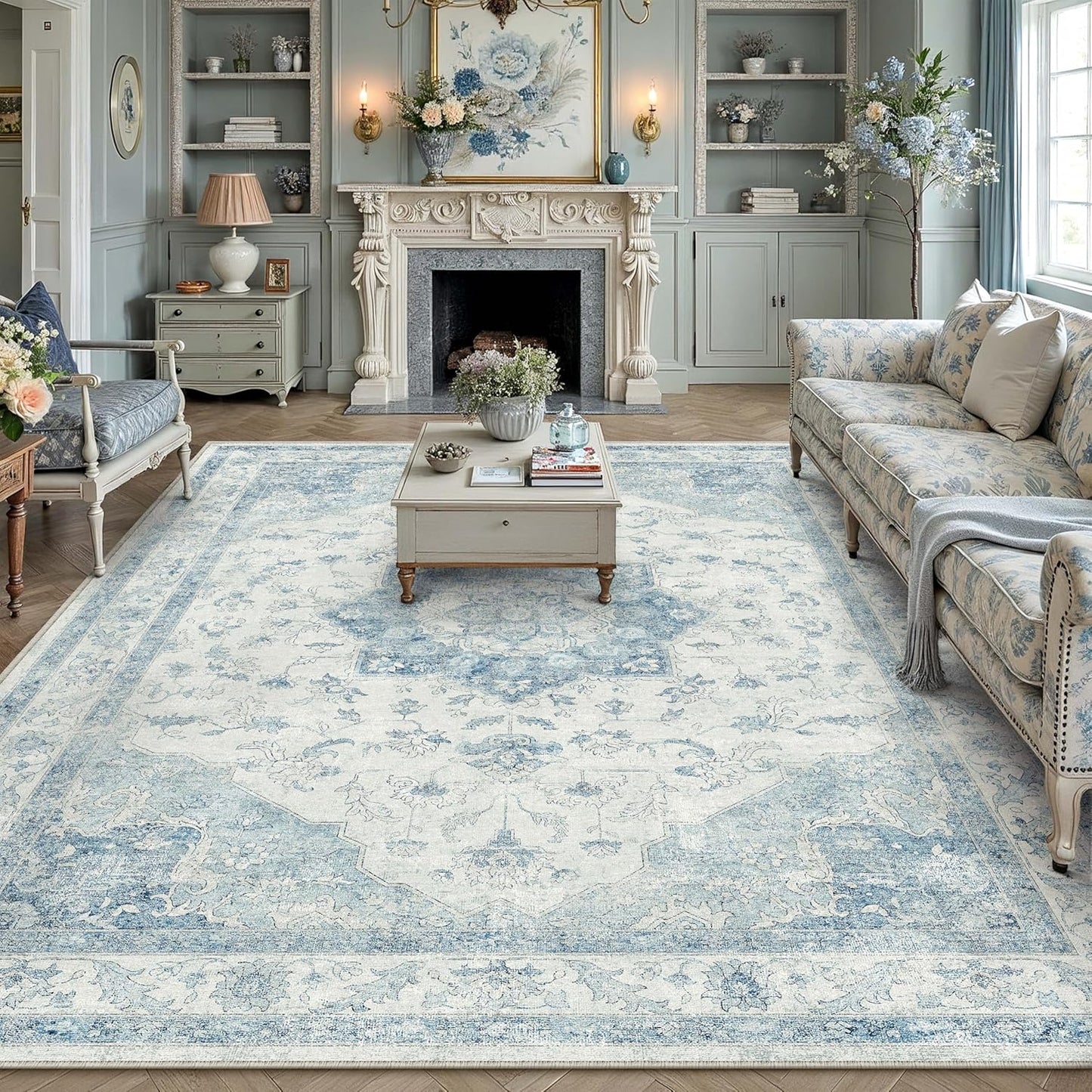 Blue Area Rug 8x10 Washable Vintage Carpet for Living Room