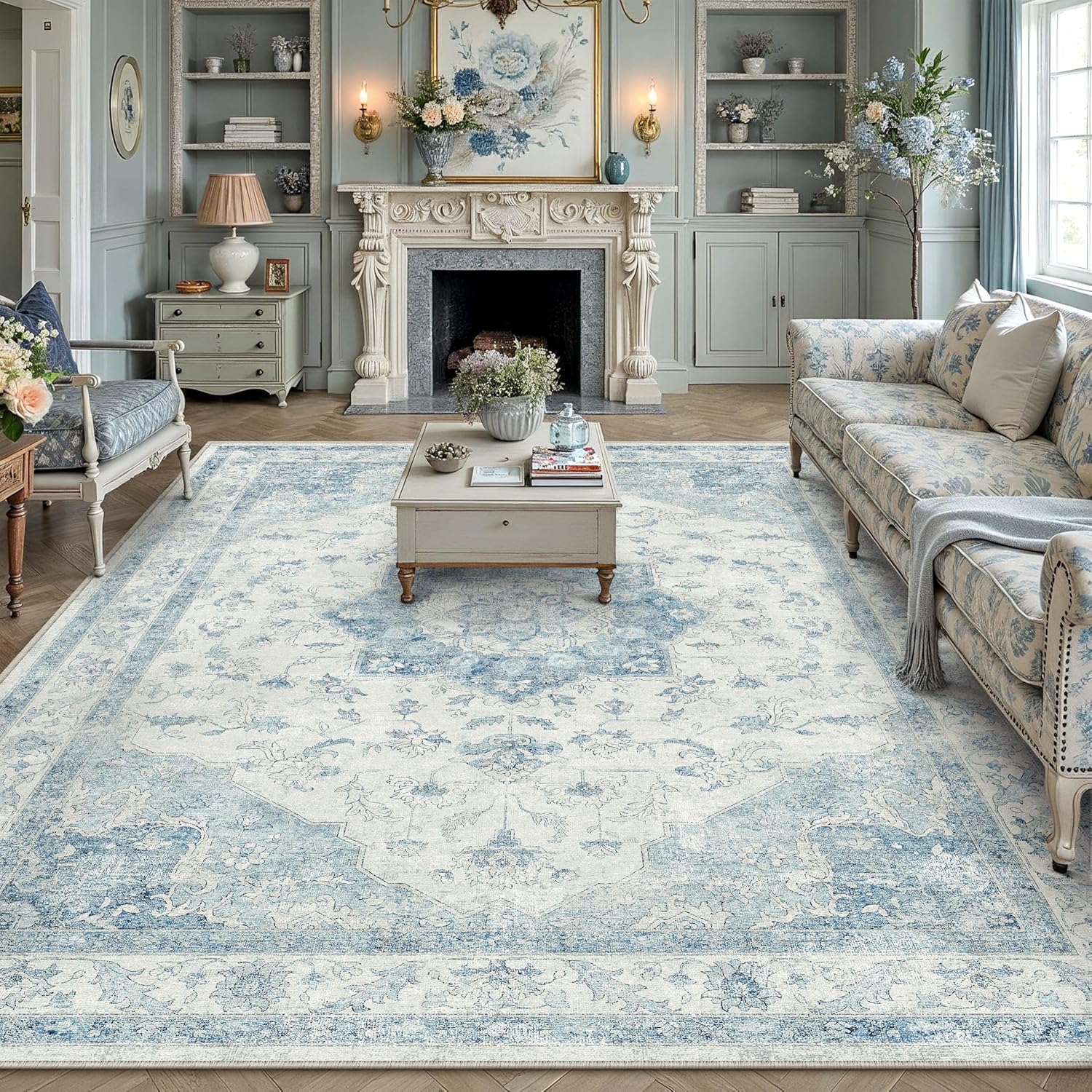 Blue Area Rug 8x10 Washable Vintage Carpet for Living Room