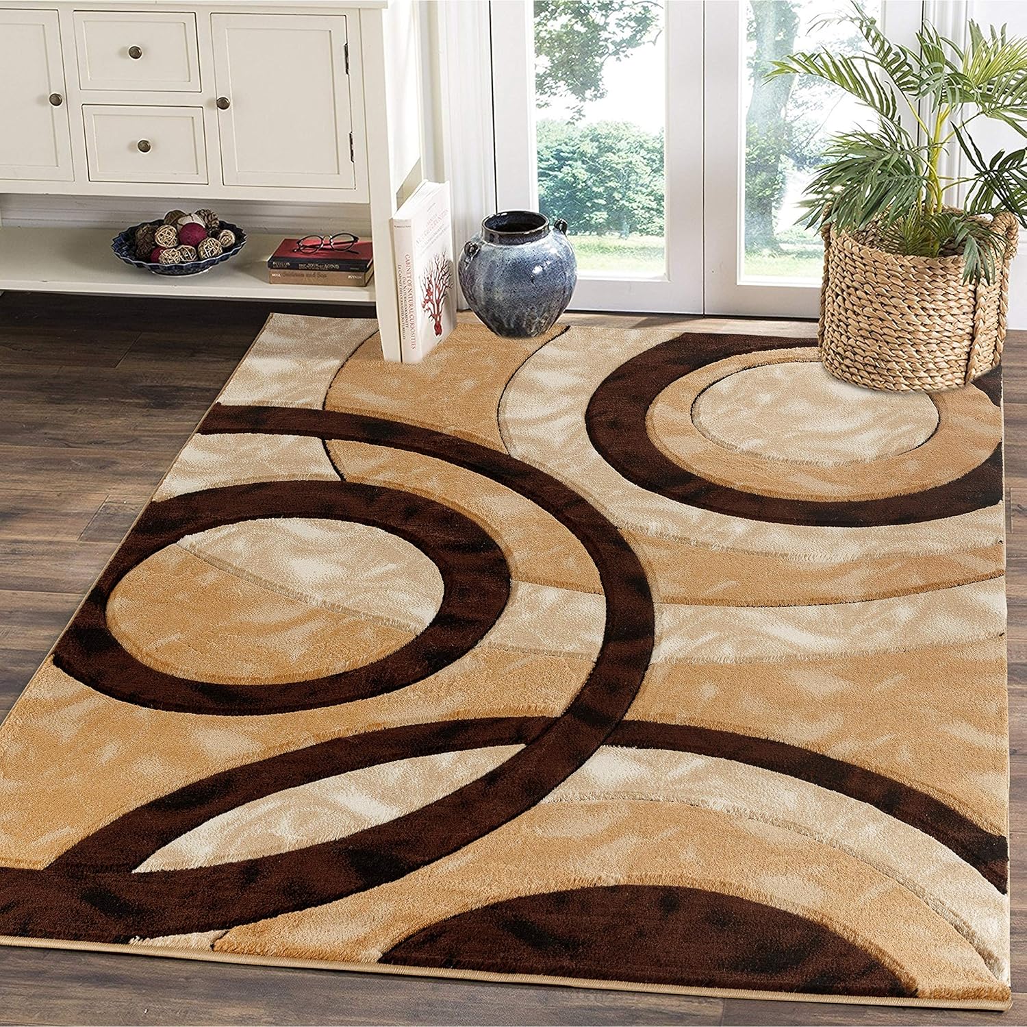 Modern 8x10 Brown Circles Area Rug for Living Room and Bedroom
