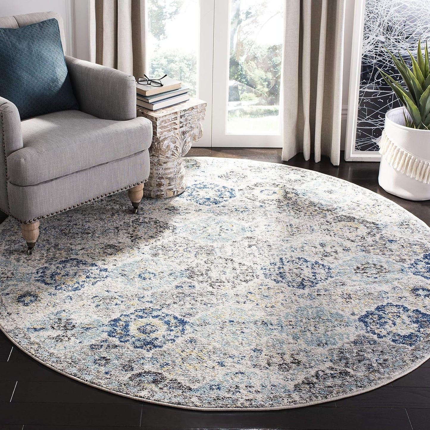 SAFAVIEH Madison Collection Area Rug - 8ft Round, Ivory & Aqua