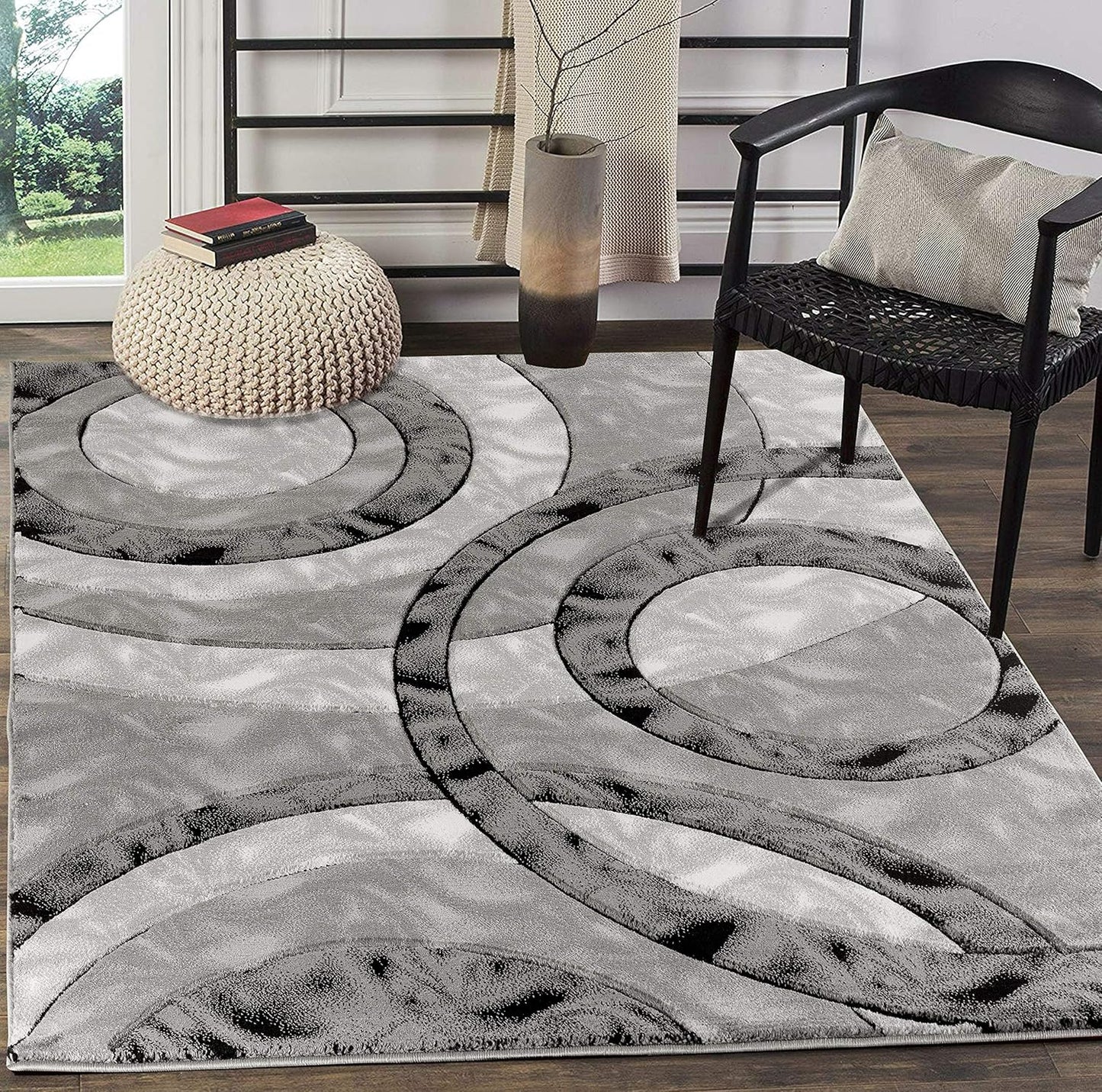 Modern 8x10 Grey Black Circles Area Rug for Elegant Spaces