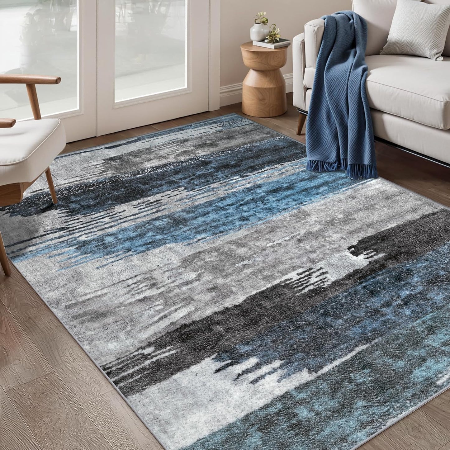 Machine Washable Deep Blue Gray Area Rug - Non-Slip & Stylish!