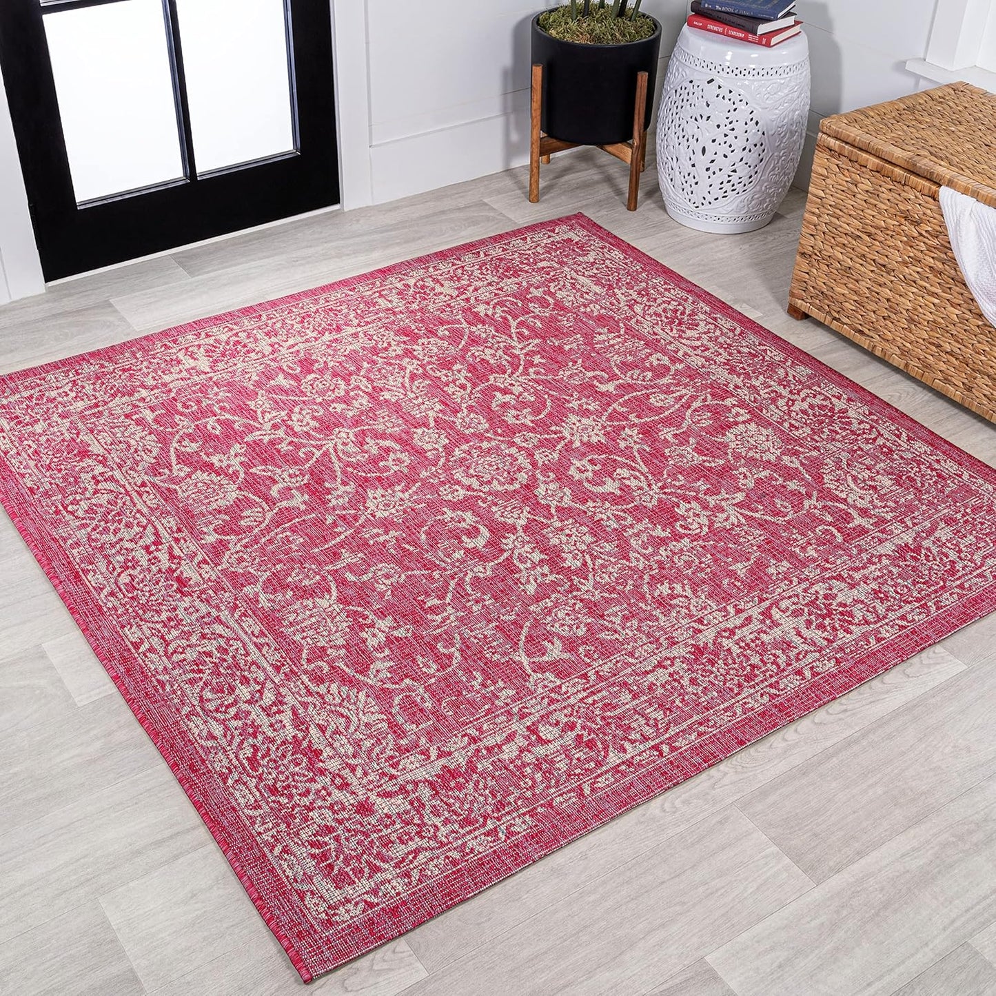 JONATHAN Y Weave Floral Indoor Outdoor Square Area Rug 5X5