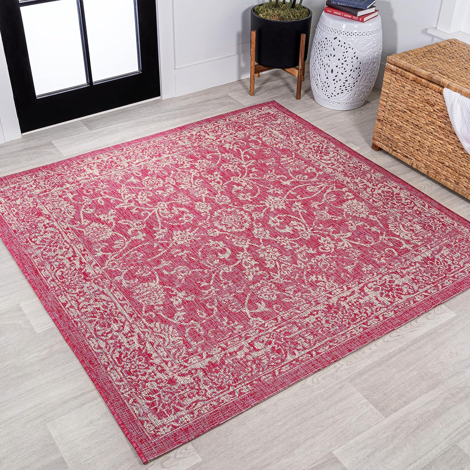 JONATHAN Y Weave Floral Indoor Outdoor Square Area Rug 5X5