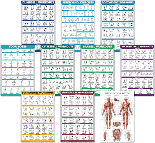 10 Pack QuickFit Exercise Poster Set - All-in-One Fitness Guide (LAMINATED)