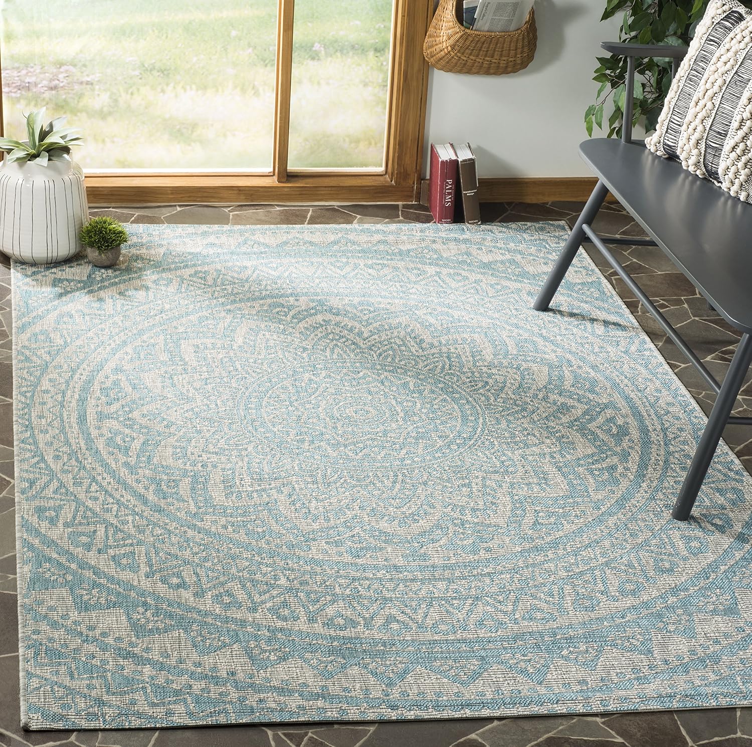 SAFAVIEH Courtyard Collection 8ft x 10ft Light Grey Aqua Rug