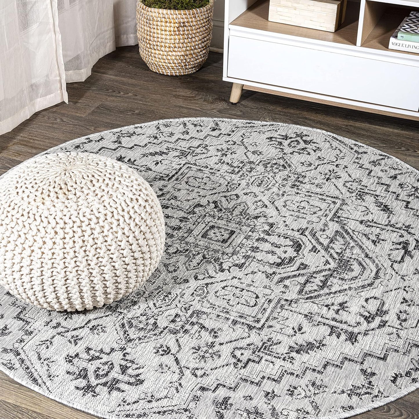 Boho Medallion Indoor Outdoor Round Area Rug 5 Ft Black Gray