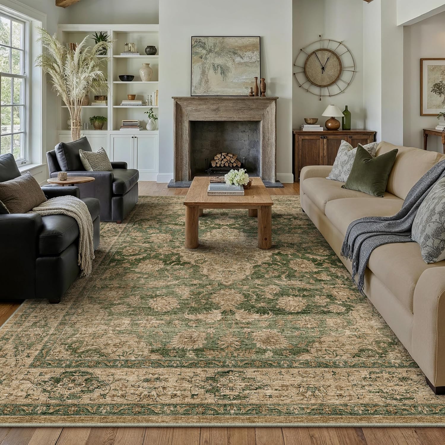 Retro Green Area Rug 8x10 Machine Washable for Living Rooms