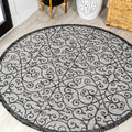 Light Gray/Black 5 ft Vintage Filigree Round Outdoor Rug - Easy Clean