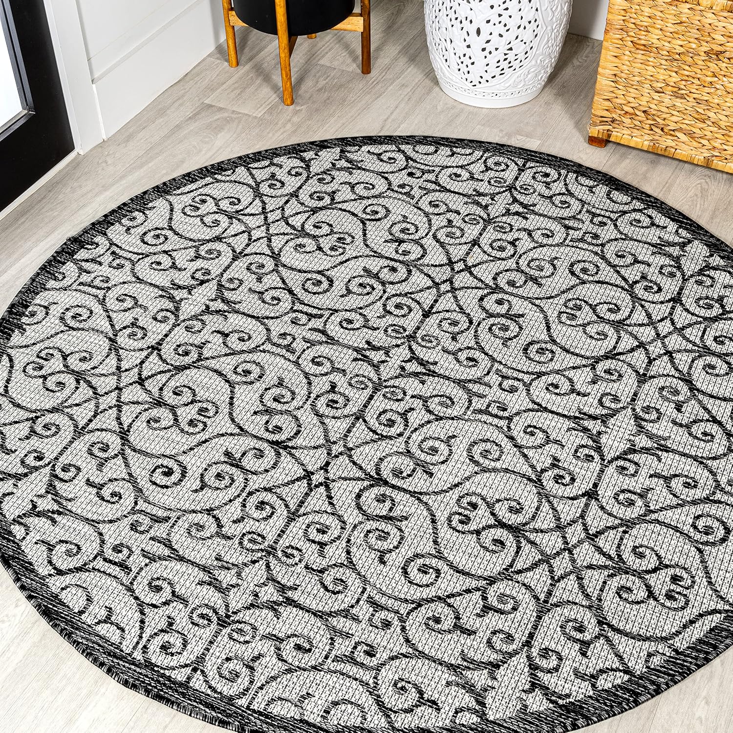 Vintage Filigree Indoor Outdoor Round Area Rug 5 Ft Light Gray