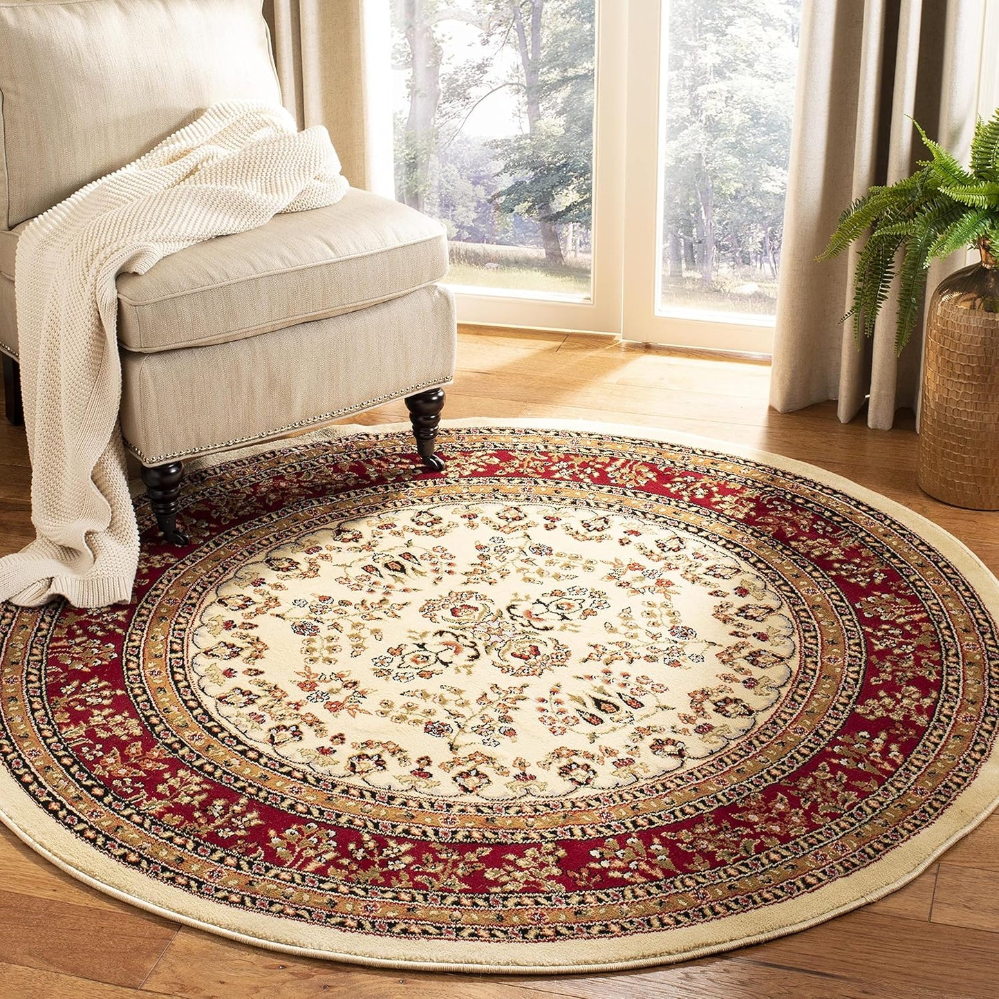 Lyndhurst Collection Area Rug - 5ft3 Round, Ivory & Red Design
