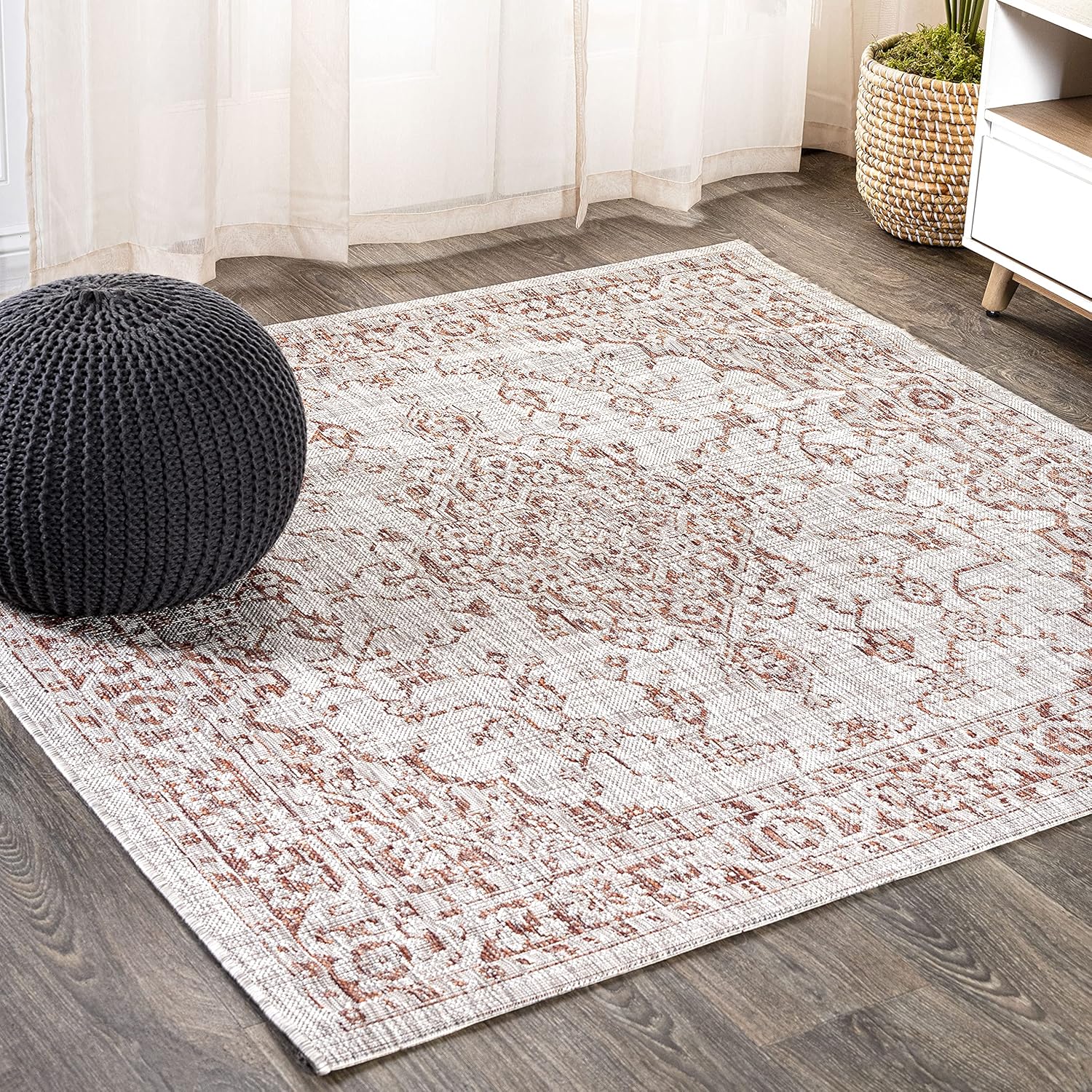 Boho Medallion Indoor Outdoor Square Area Rug 5X5 Red/Taupe