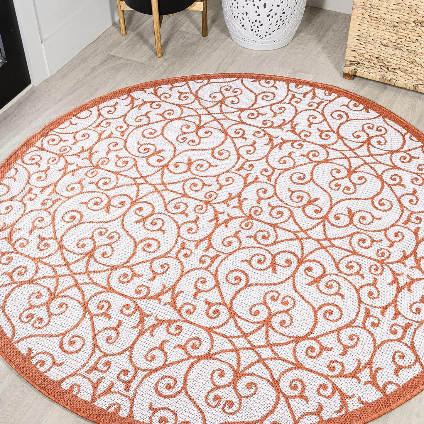 Vintage Filigree Indoor Outdoor Round Area Rug 5 Ft Cream Orange