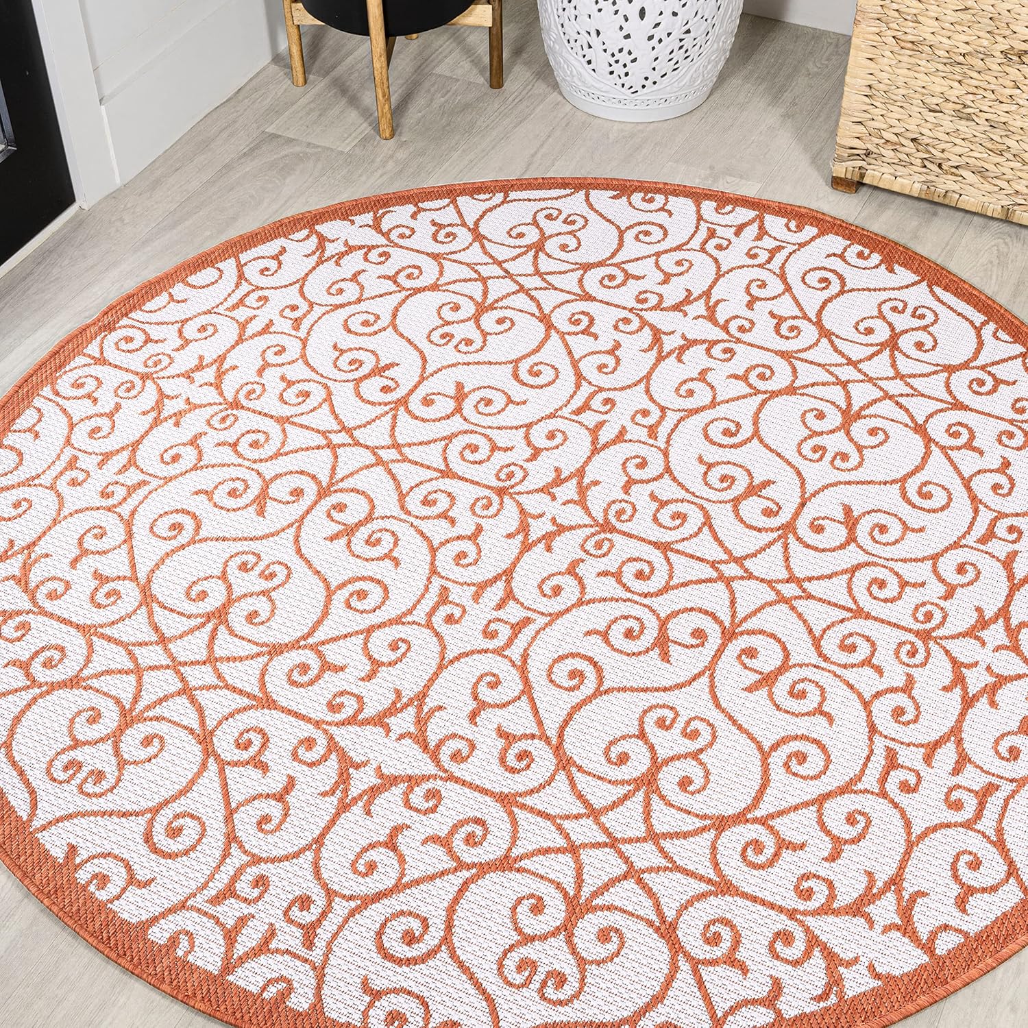 Vintage Filigree Indoor Outdoor Round Area Rug 5 Ft Cream Orange