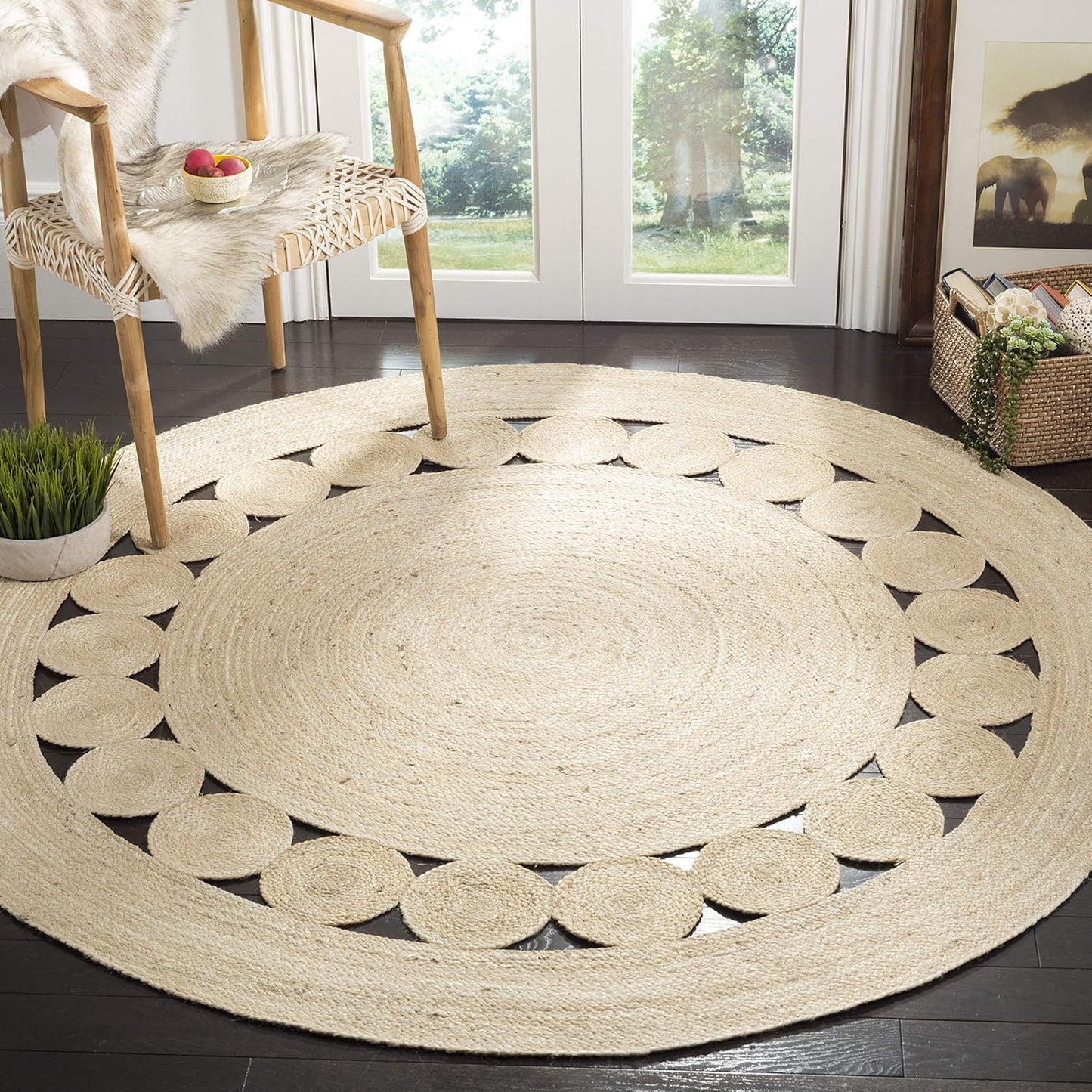 Handmade Jute Area Rug - 6ft 6in Round, Ivory, Boho Design