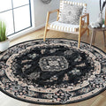 Black Round Rug 5ft - Washable Non-Slip Boho Floral Accent Rug