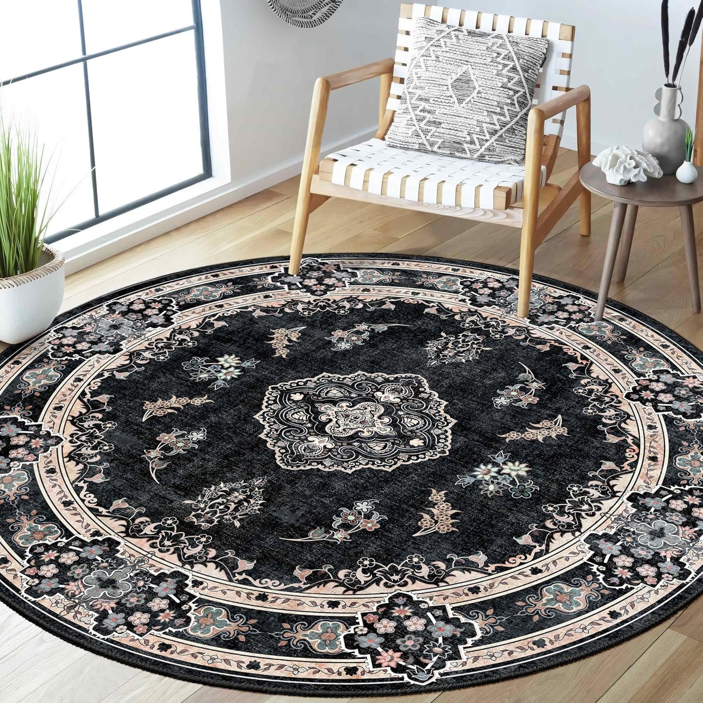 MUJOO Black Round Rug 5ft for Bedroom and Living Room Use