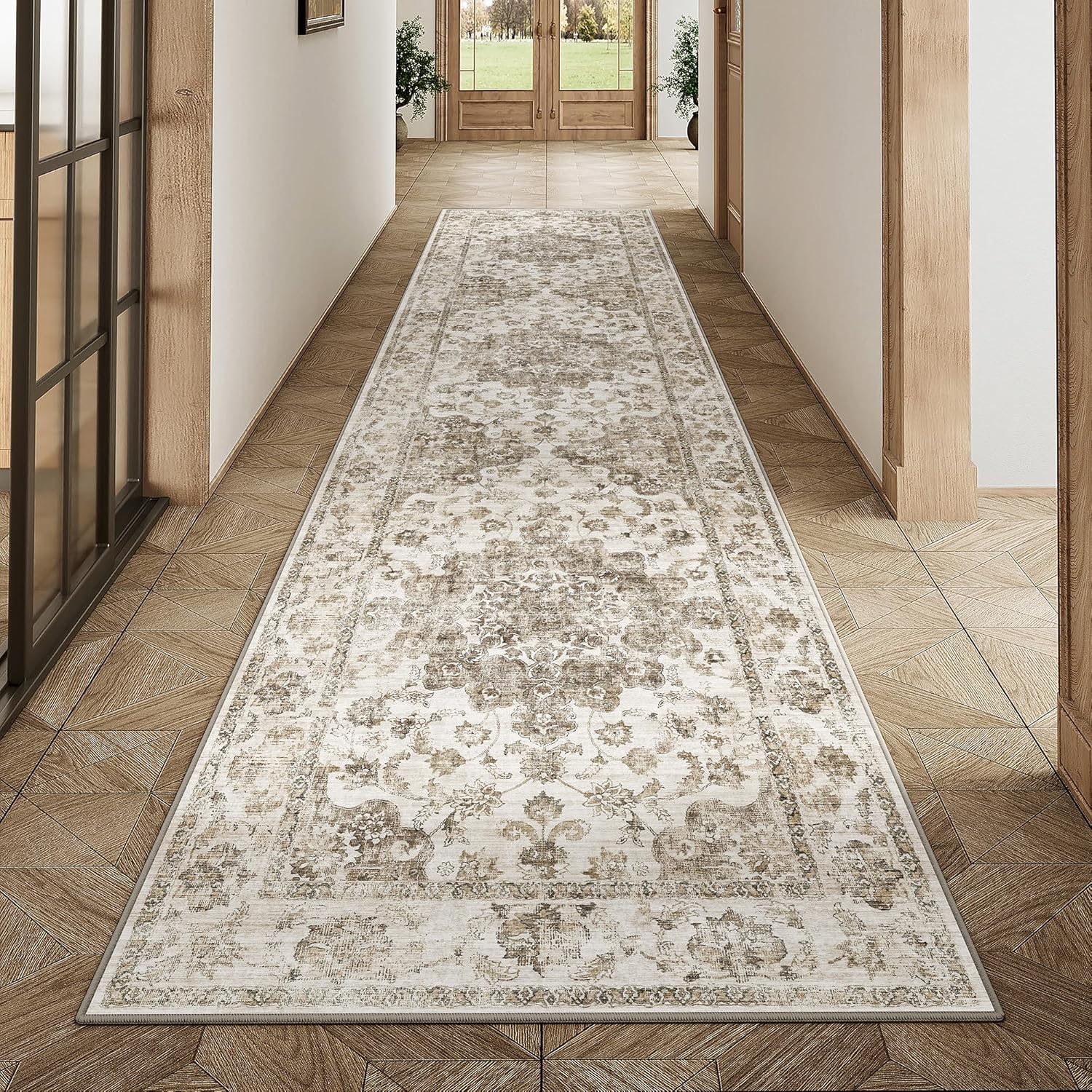 2x8 Washable Neutral Runner Rug for Vintage Hallway and Kitchen