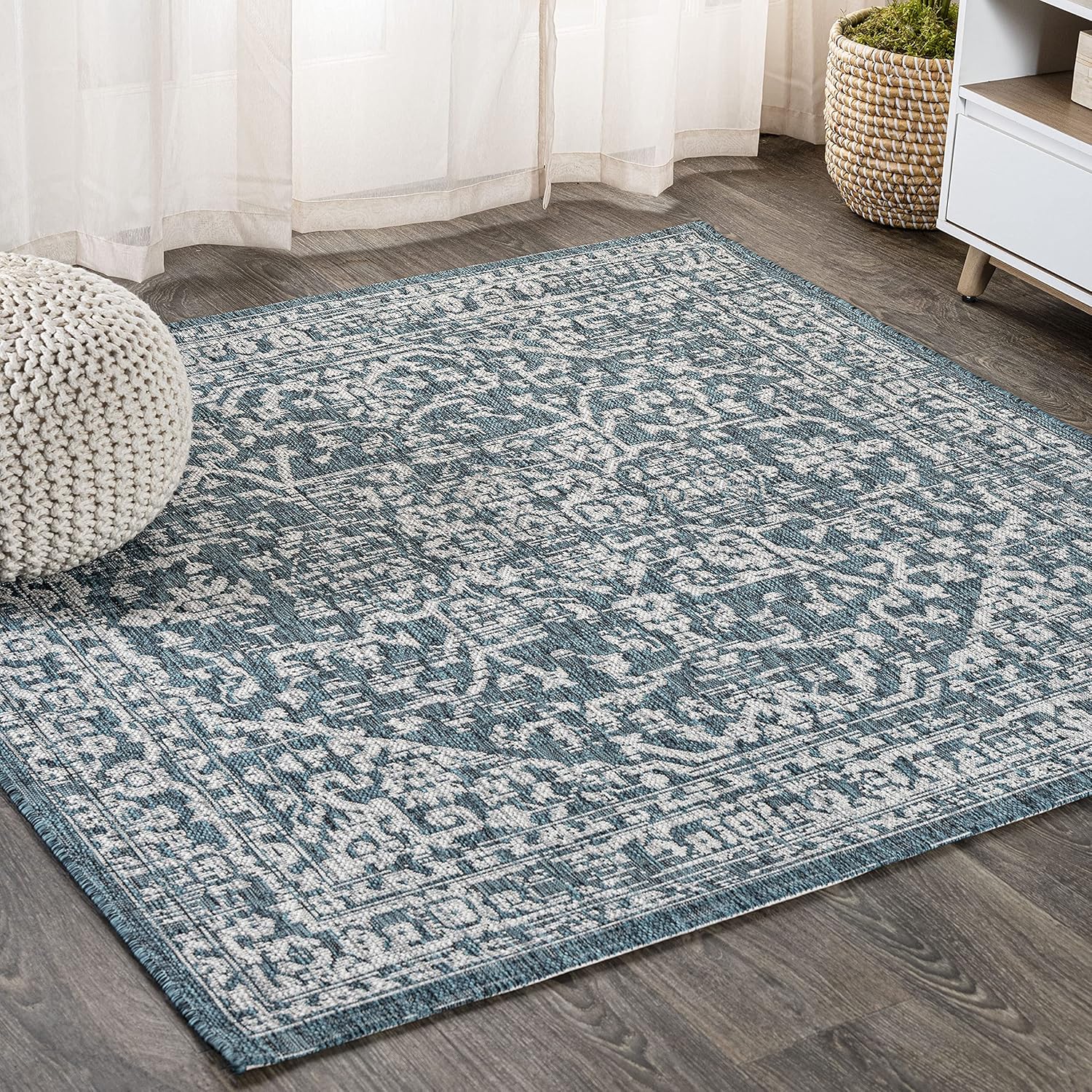 Boho Medallion Indoor Outdoor Square Area Rug 5X5 Teal/Gray