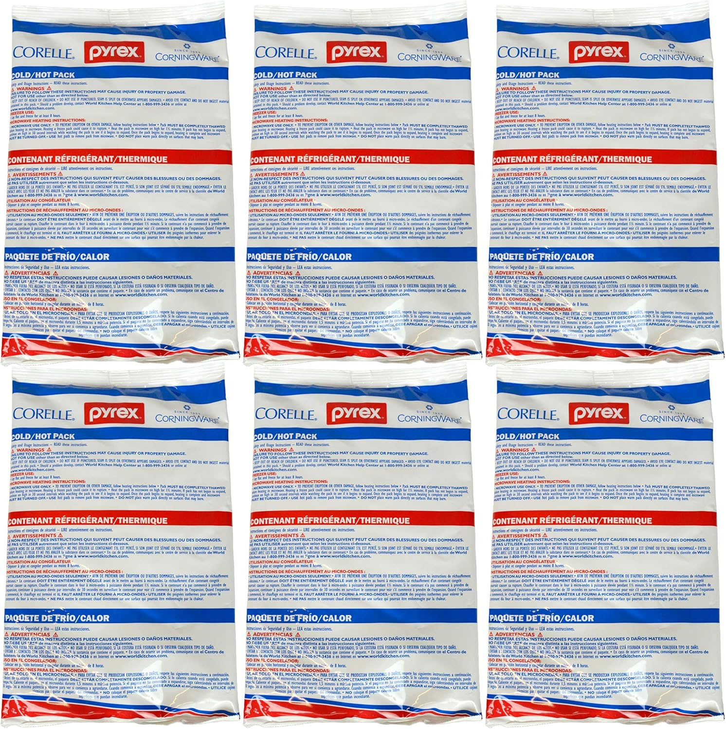 Pyrex Portables Large Hot/Cold Pack - 6 Pack Made in The USA