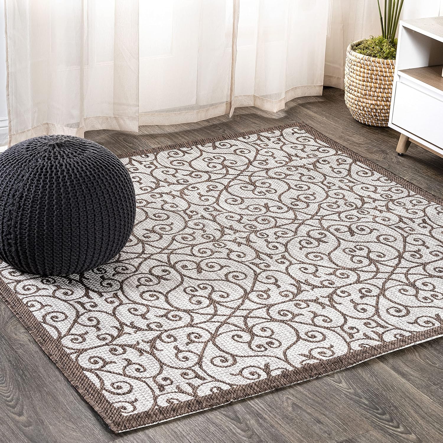 Vintage Filigree Indoor Outdoor Square Area Rug 5X5 for Patio