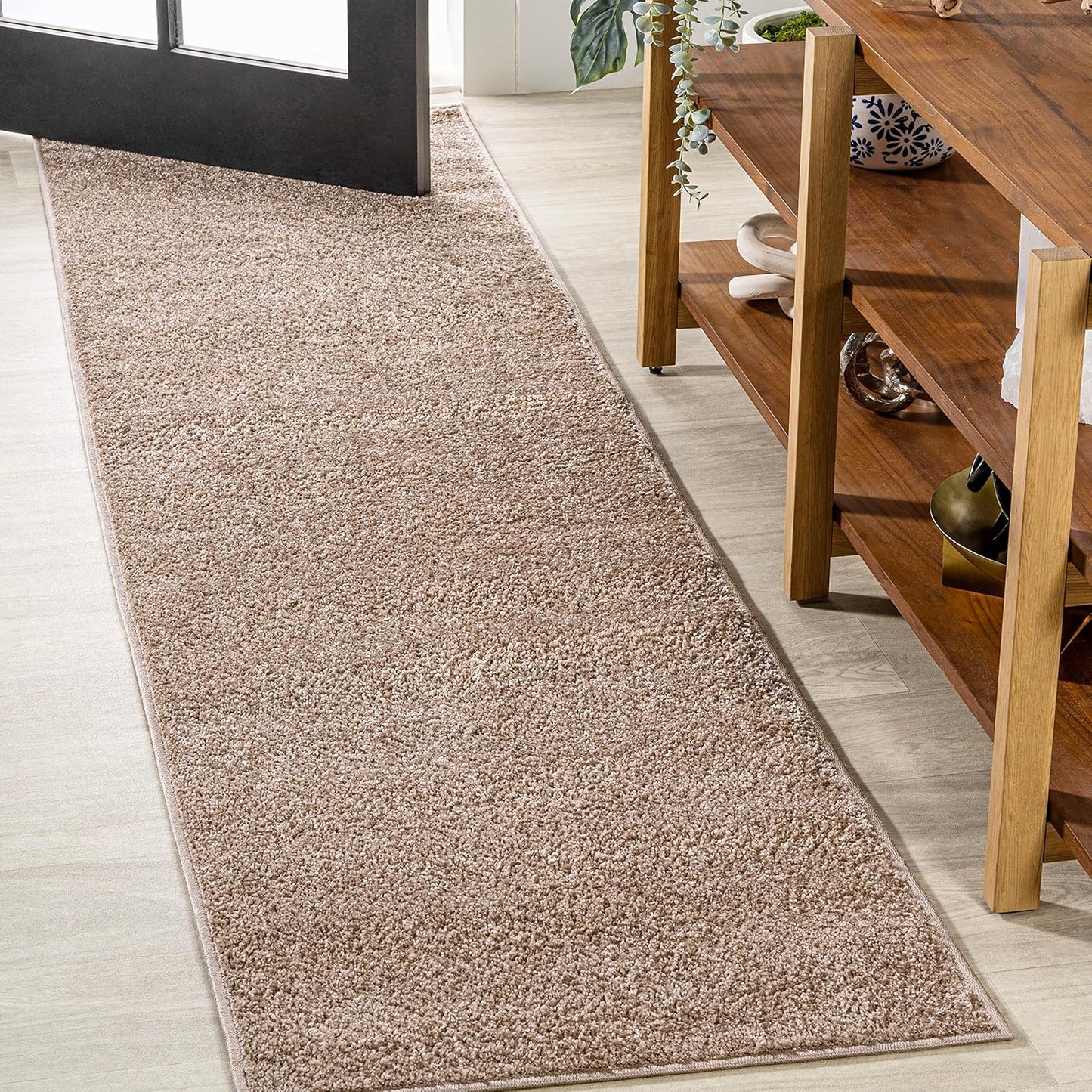 Haze Solid Low-Pile Beige Runner Rug for Coastal Living Spaces