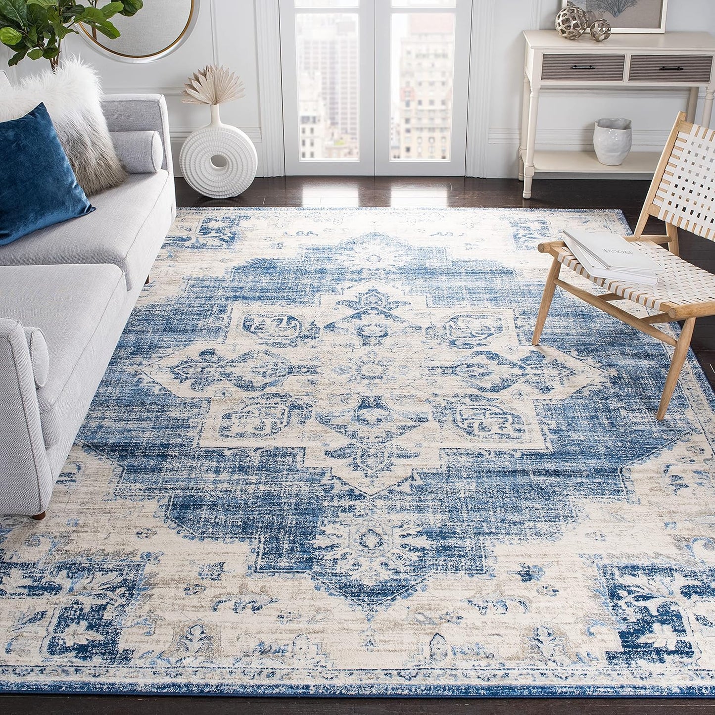 Brentwood Collection Area Rug - 6ft 7in Square, Ivory & Navy