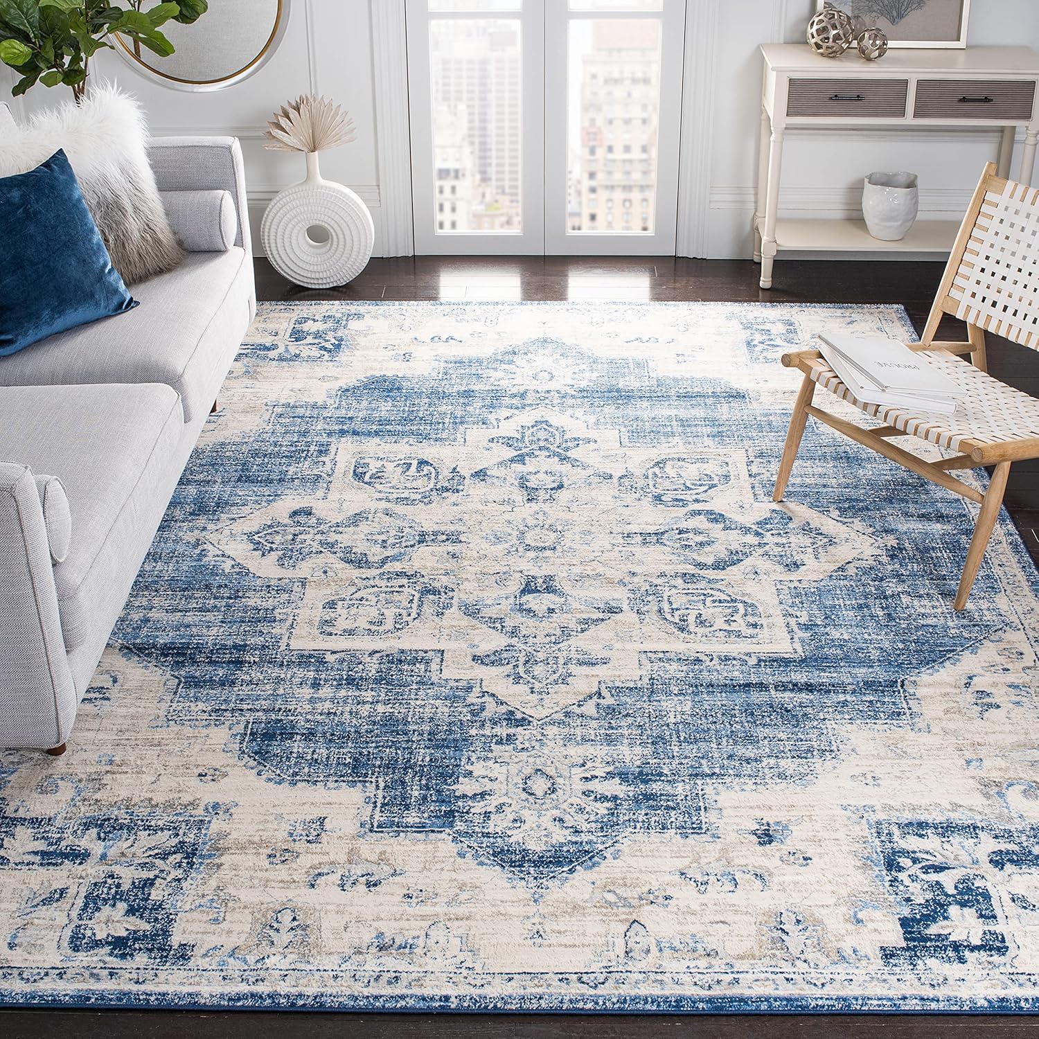 Brentwood Collection Area Rug - 6ft 7in Square, Ivory & Navy