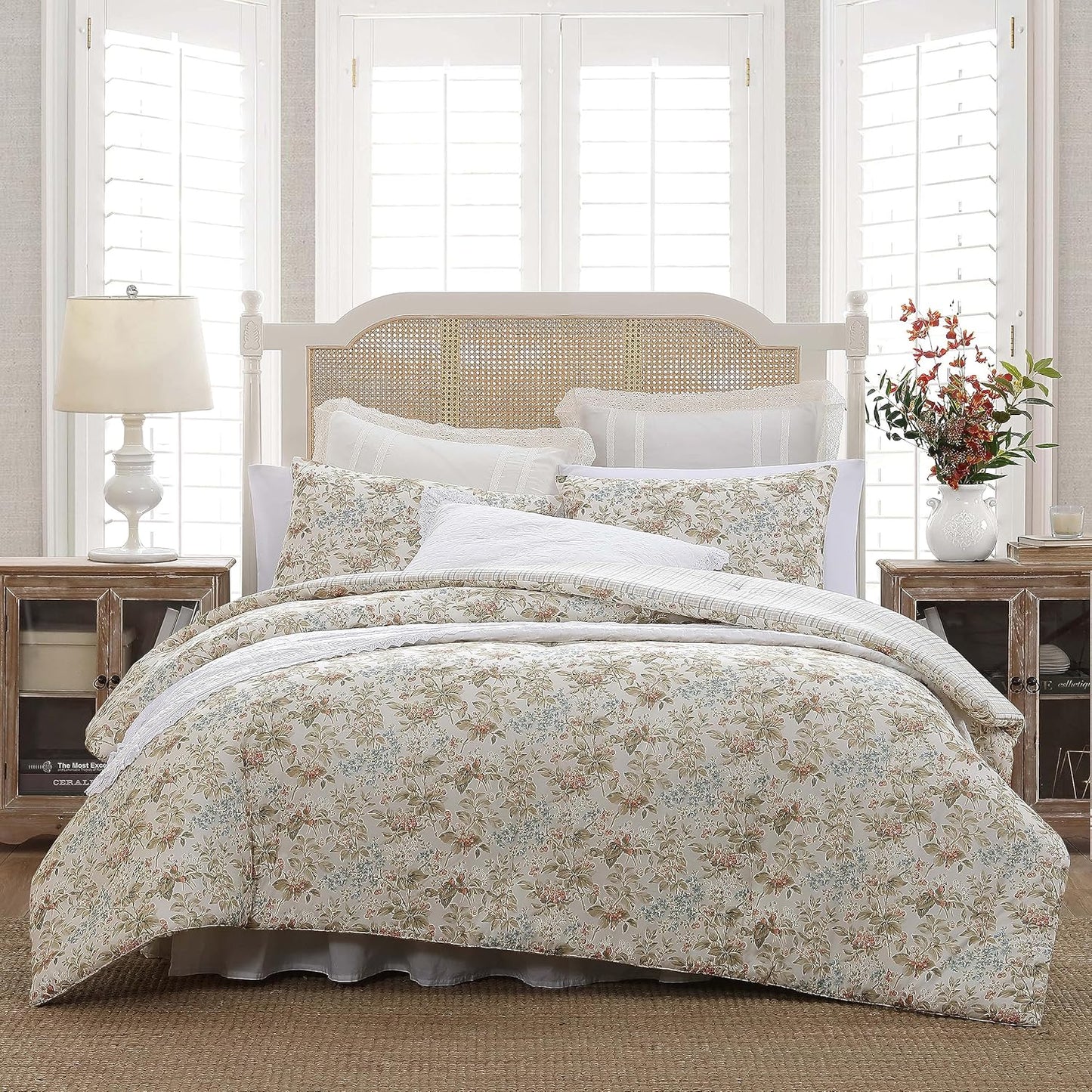 Laura Ashley Twin Comforter Set with Floral Print and Plaid Reverse