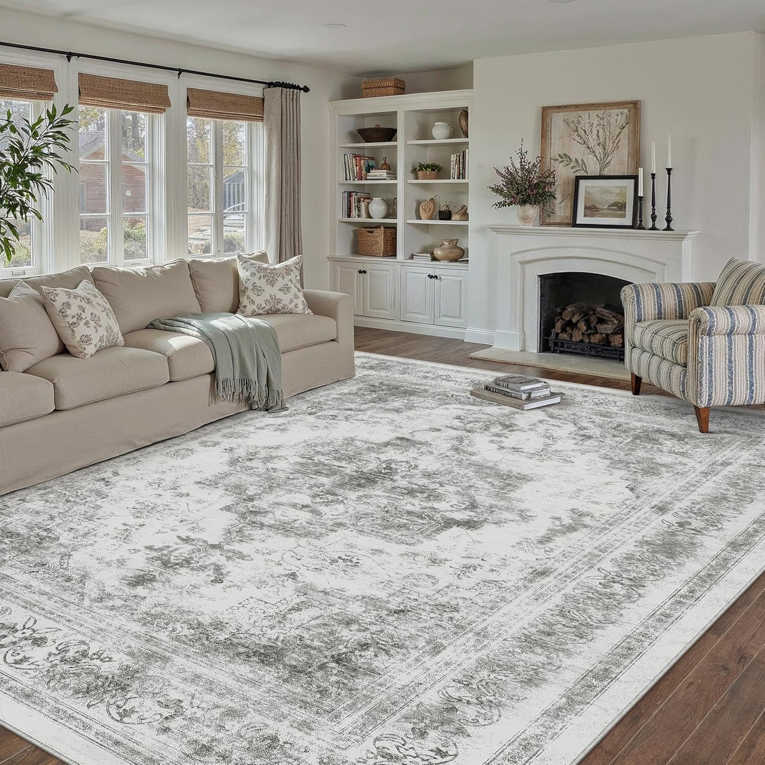 Washable Rug 9x12 Area Rug for Living Room Gray Vintage Style