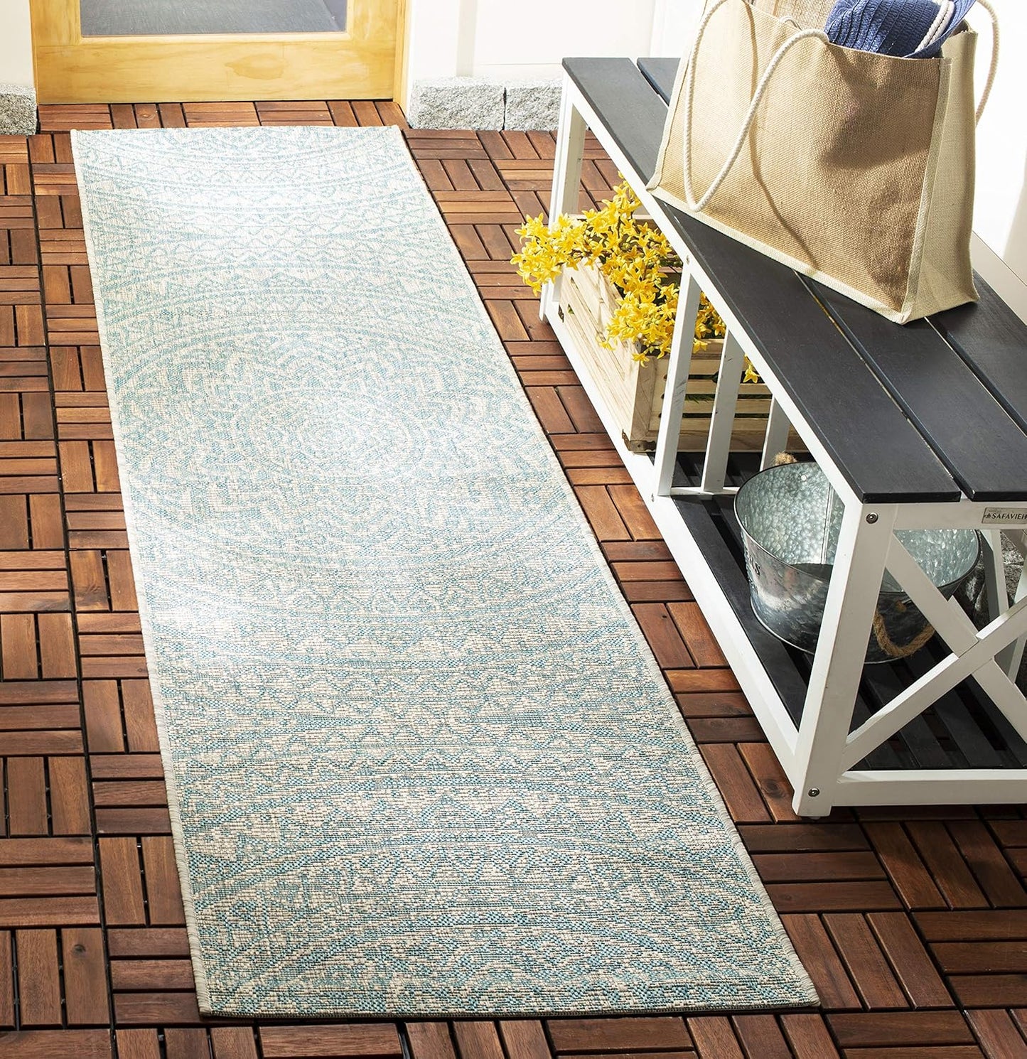 SAFAVIEH Courtyard Collection 2ft 3in x 14ft Light Grey Aqua Rug