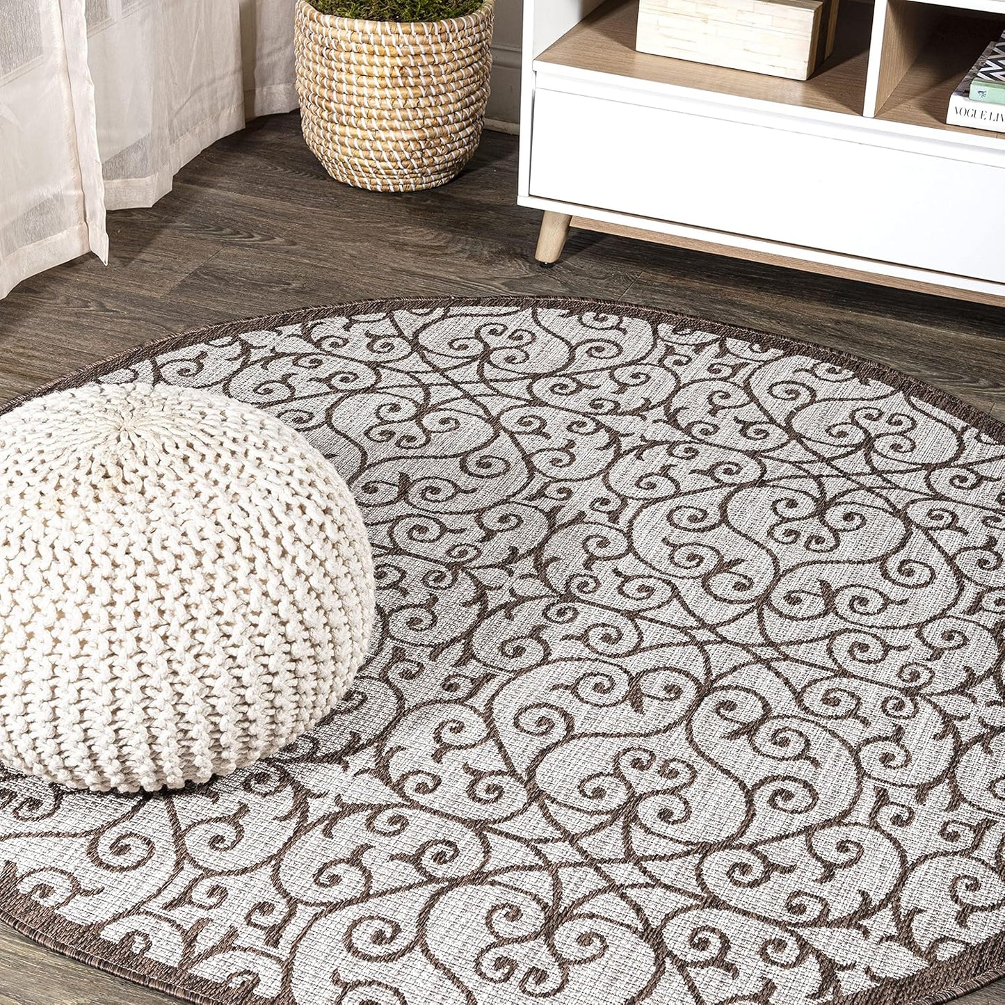 Vintage Filigree Indoor Outdoor Round Area Rug 5 Ft Taupe Espresso