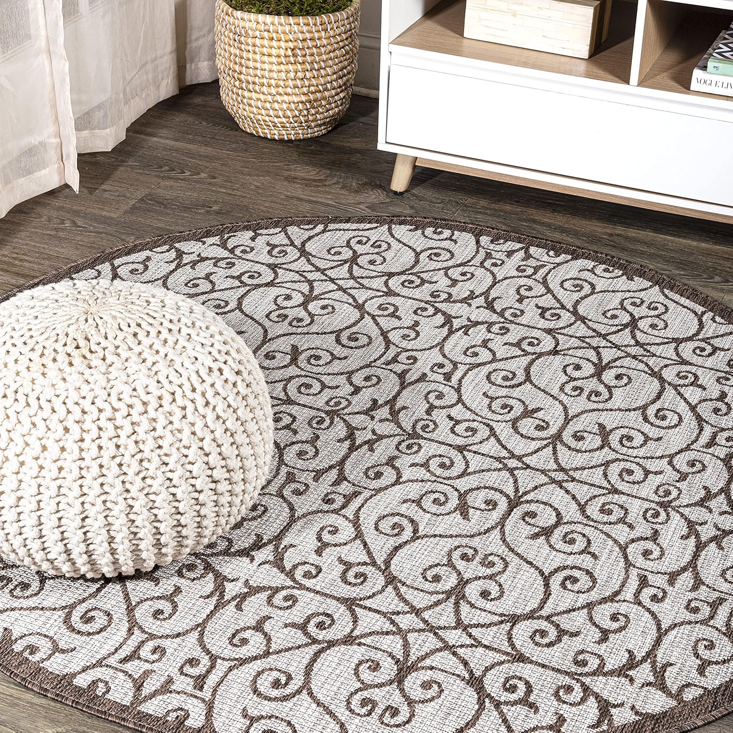 Vintage Filigree Indoor Outdoor Round Area Rug 5 Ft Taupe Espresso