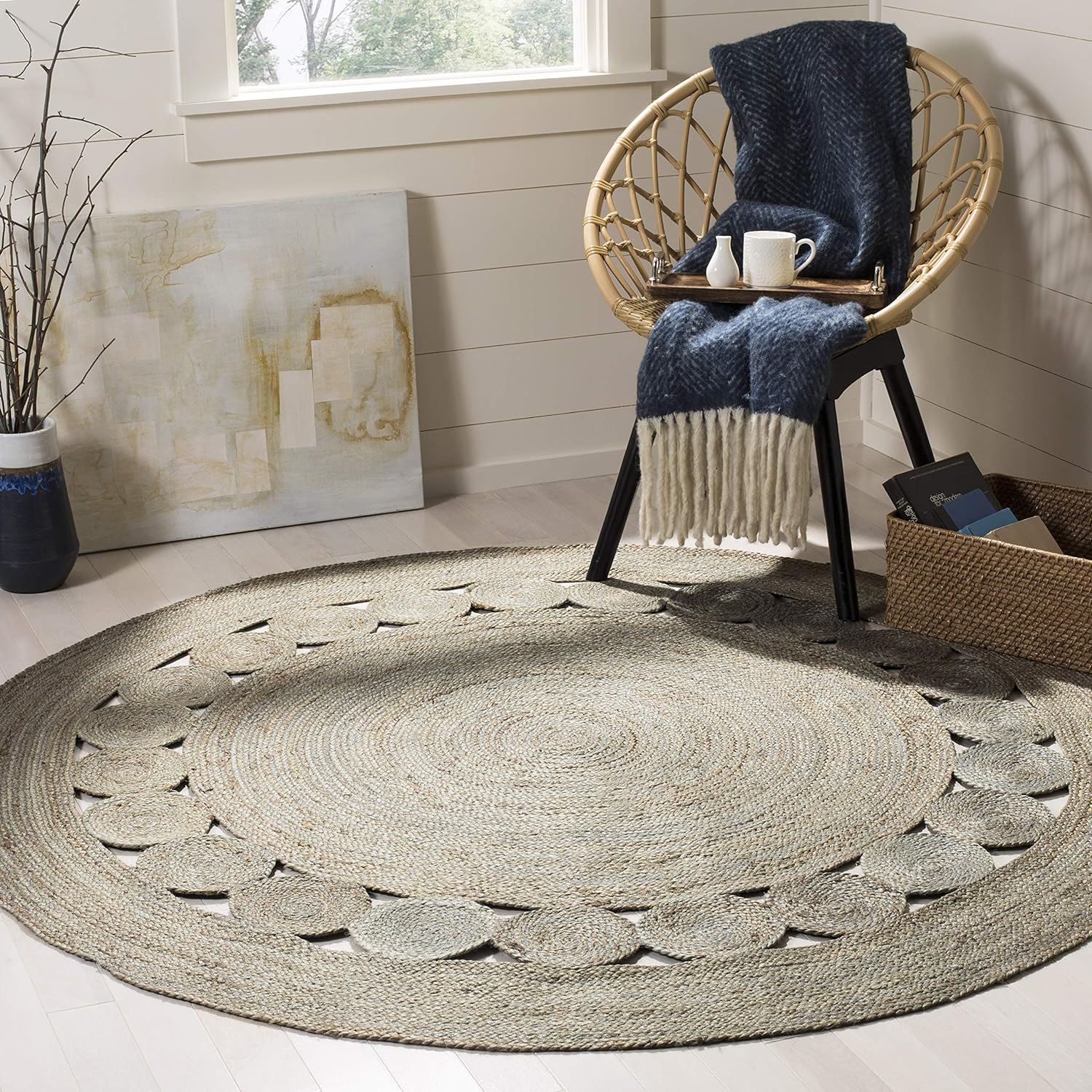 Handmade Jute Area Rug - 6ft 6in Round Grey Boho Design