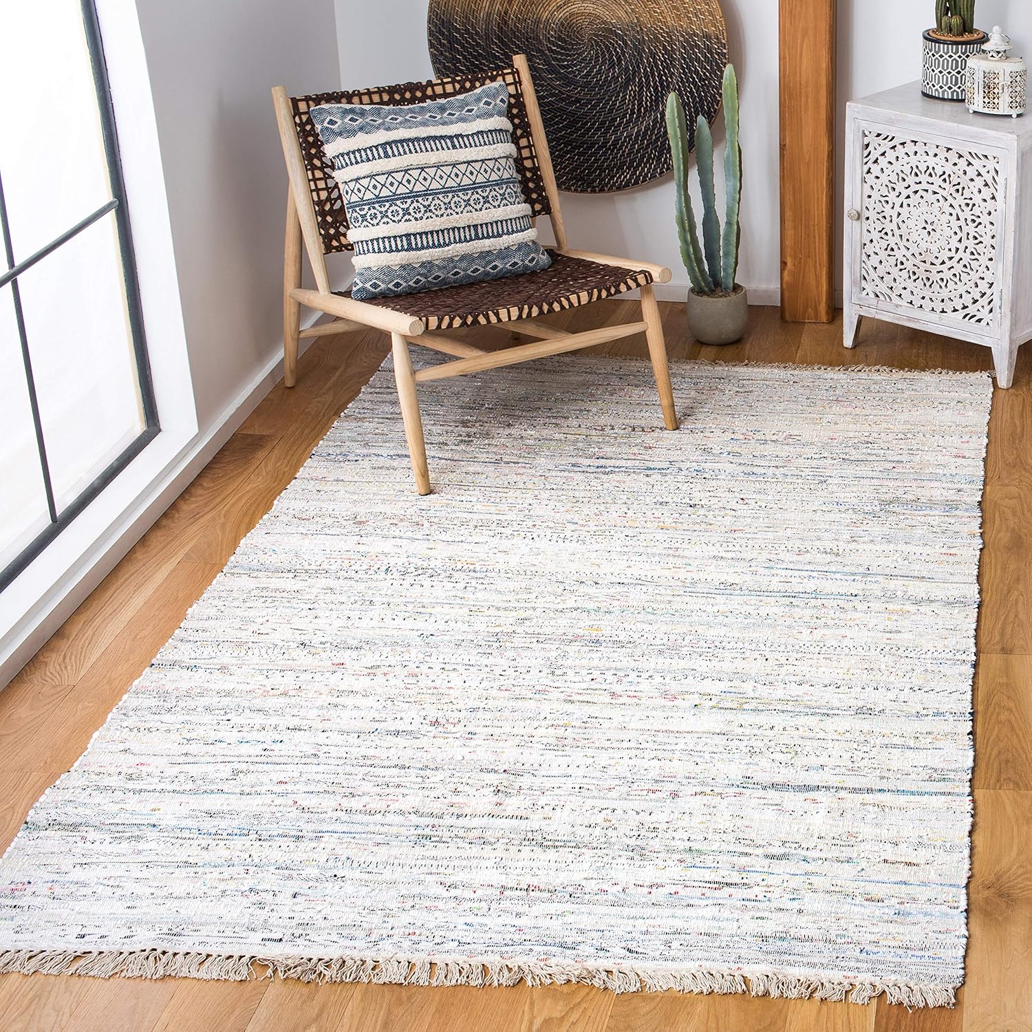 Handmade Boho Stripe Cotton Area Rug - 6ft Square, Ivory & Multi