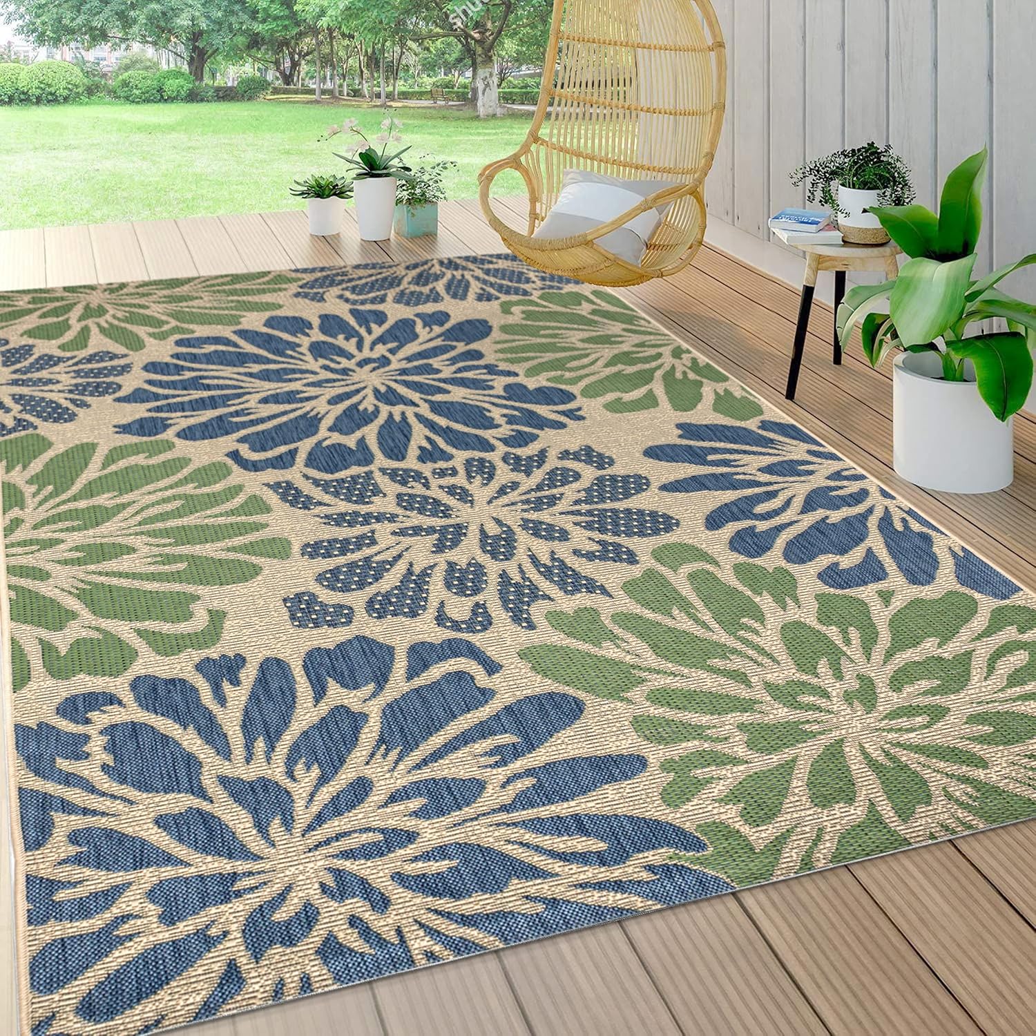 Floral Textured Weave Indoor Outdoor Area Rug for Patio Use