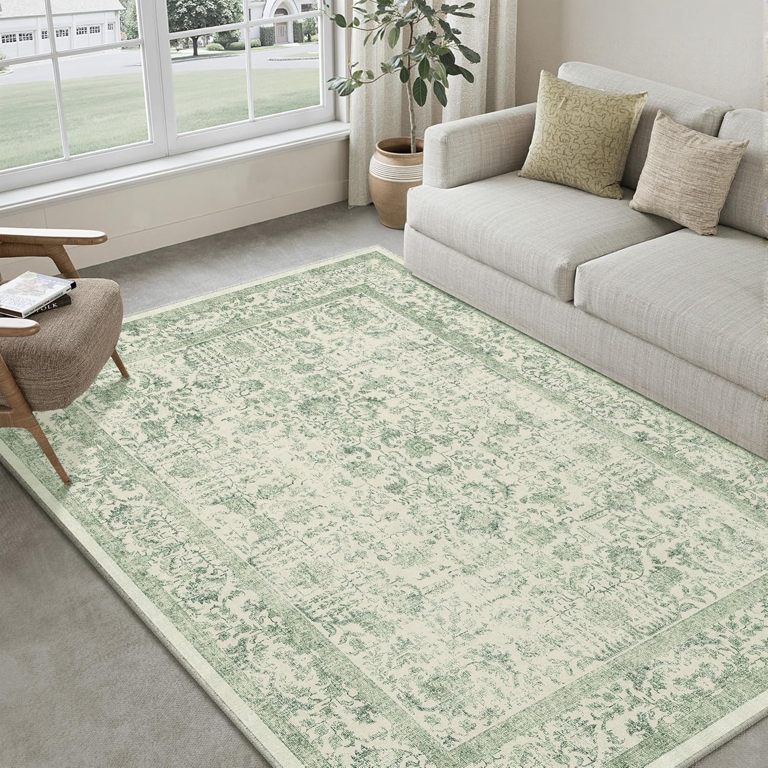 Sage Green Area Rug 6x9 Vintage Distressed Non Slip Carpet