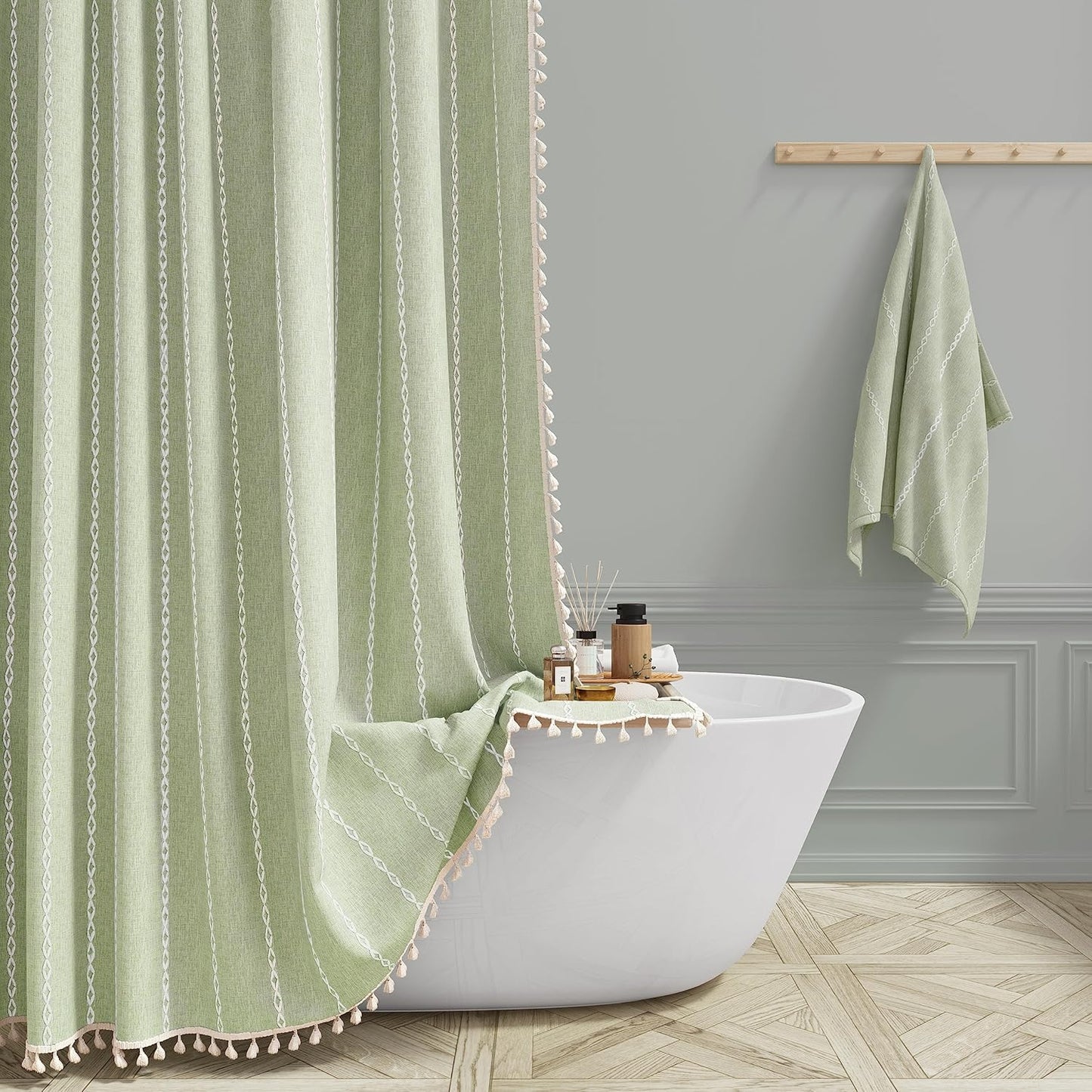 Boho Long Shower Curtain Set in Sage Green for Modern Bathrooms